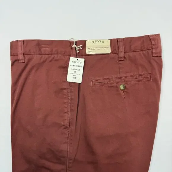 Orvis Pants Mens 34 Rust Surf Washed Cotton Chino Unfinished Hem Straight Leg - Picture 2 of 10